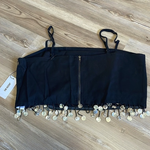 Jason Wu Linen blend Beaded Fringe Shell Crop Top Black Size 10 NWT Fun Lined - Picture 4 of 16
